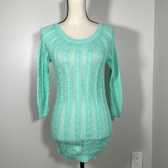 SO Teal Crew Neck Eyelet Embroidered Hem 3/4 Sleeve Pullover Sweater XS - Picture 2 of 12